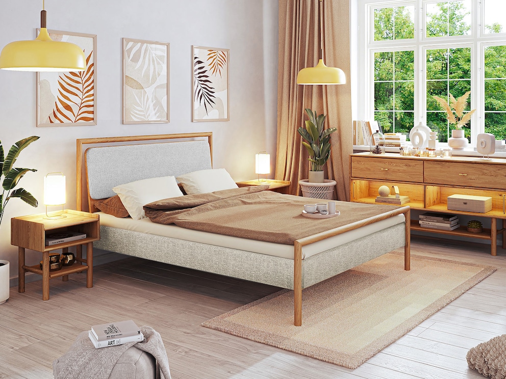 Gestoffeerd bed Serea – natuurlijk wildeiken en warm beige stralen geborgenheid en rust uit