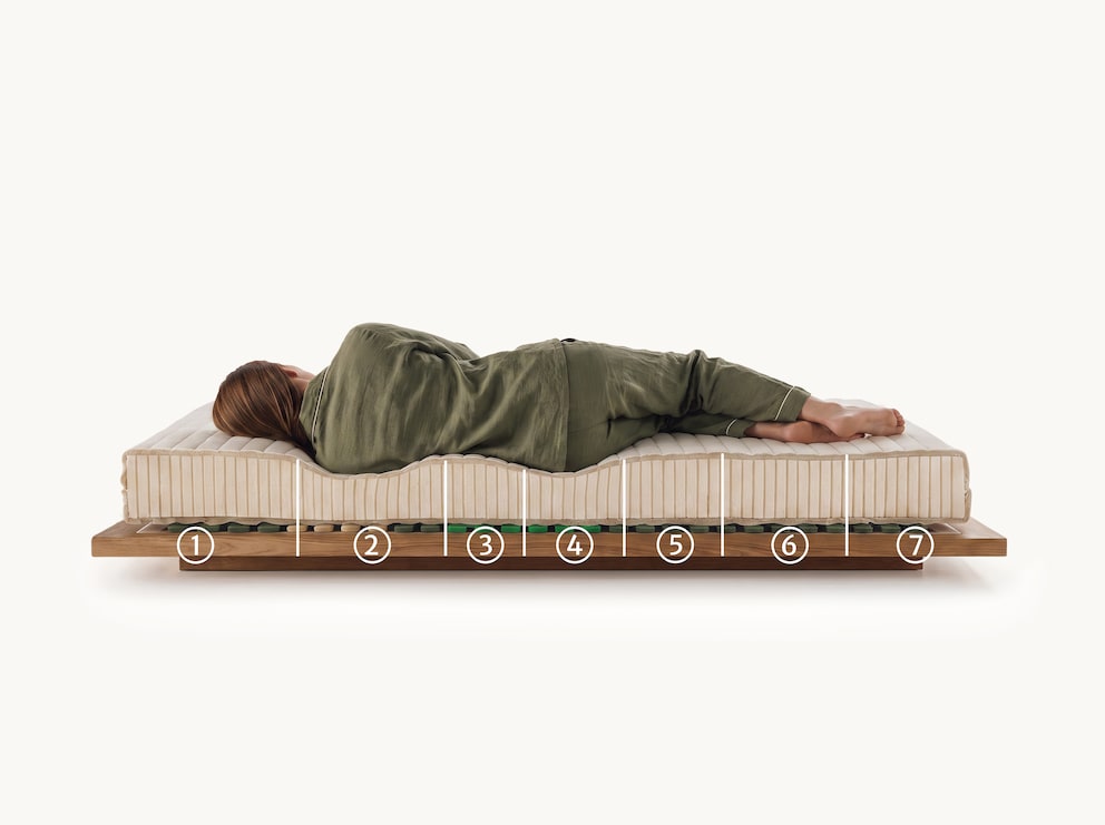 7 zones pour un couchage adapté au corps : (1) Zone pour la tête et le cou, (2) zone pour les épaules (3) zone pour les vertèbres lombaires, (4) zone pour le bassin, (5) zone pour les cuisses, (6) zone pour les mollets, (7) zone pour les pieds