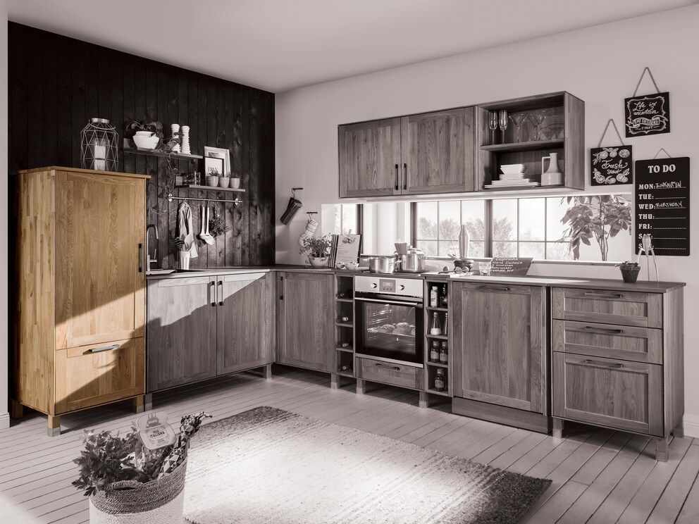 Armoire à provisions avec grand tiroir en bois de chêne rustique avec façade attrayante à l'aspect cassette
