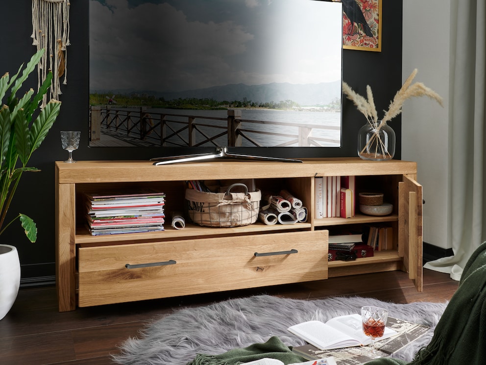 Lowboard met open toestelvak, lade en houten deur - kabeldoorvoer beschikbaar