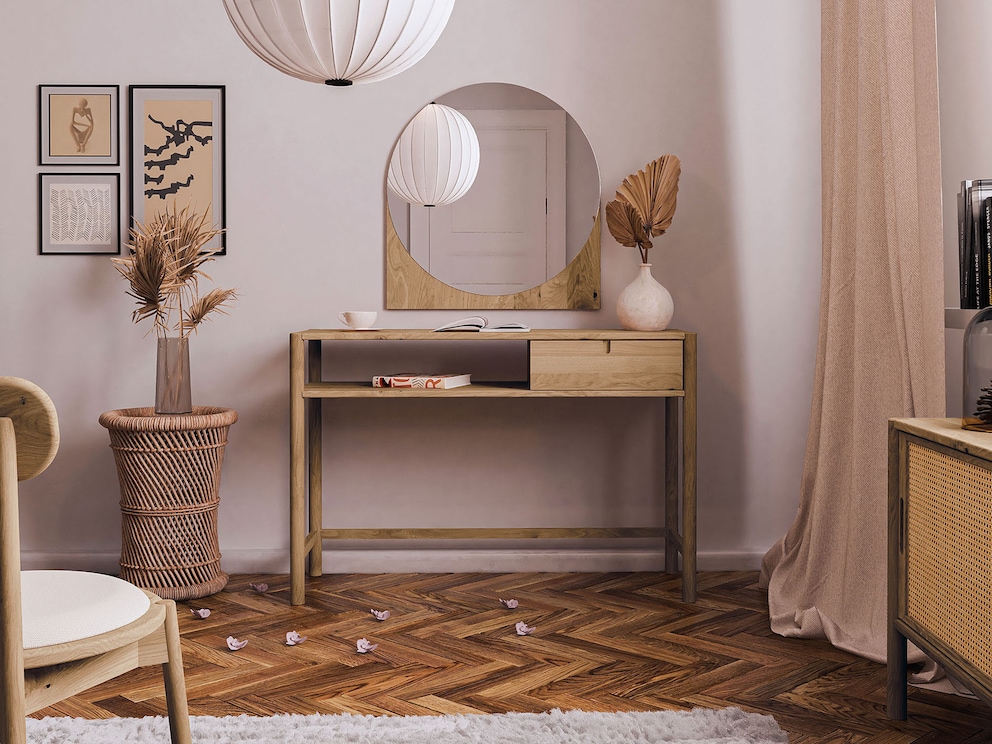 Rota wandspiegel met rond spiegelglas - breedte 55 cm in wild eikenhout