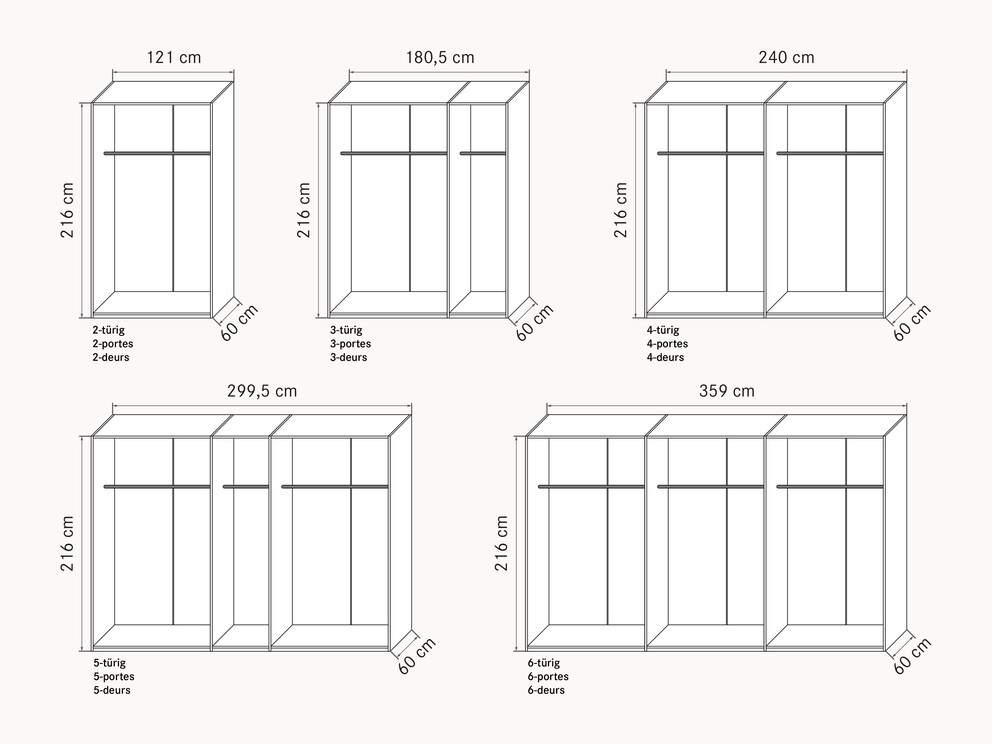 60 cm raster met hoogte 216 cm - schematische, gedimensioneerde weergave van de kastvarianten