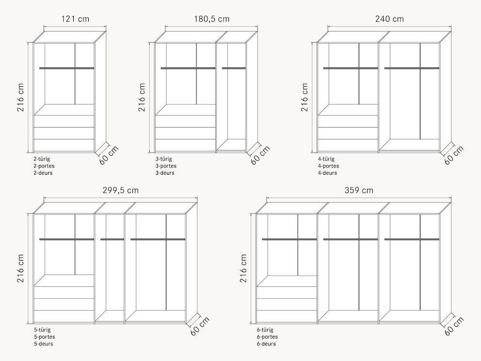 60 cm raster - schematische, gedimensioneerde weergave van de kastvarianten