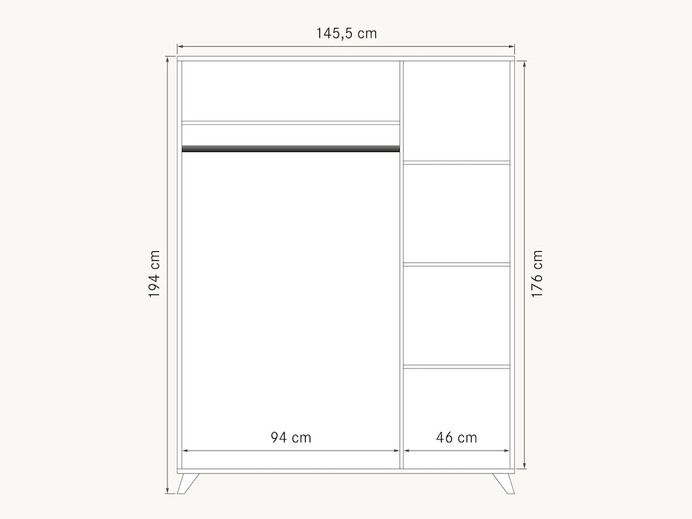 Schematische voorstelling van de binnenindeling van het kabinet, inclusief afmetingen