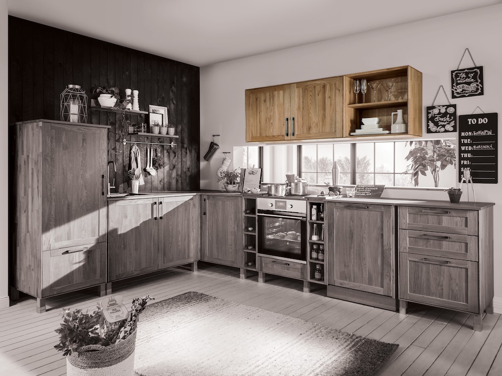 Combinaison de 2 armoires suspendues avec et sans portes, ici en chêne rustique