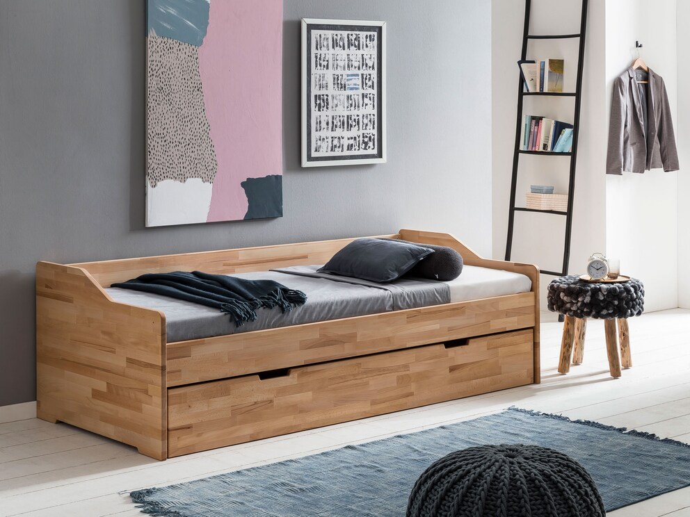 Lit gigogne « Tersa » en cœur de hêtre huilé, convient parfaitement aux invités spontanés pour la nuit