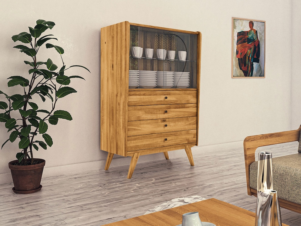 Vitrine Lasala mit viel Retro-Charme, hier Variante 02 in Wildeiche