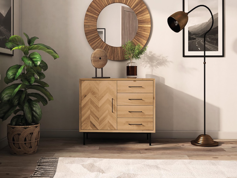 Commode Parquetta maakt indruk met zijn decoratieve fronten in visgraatmotief - hier variant 06 in wild eiken