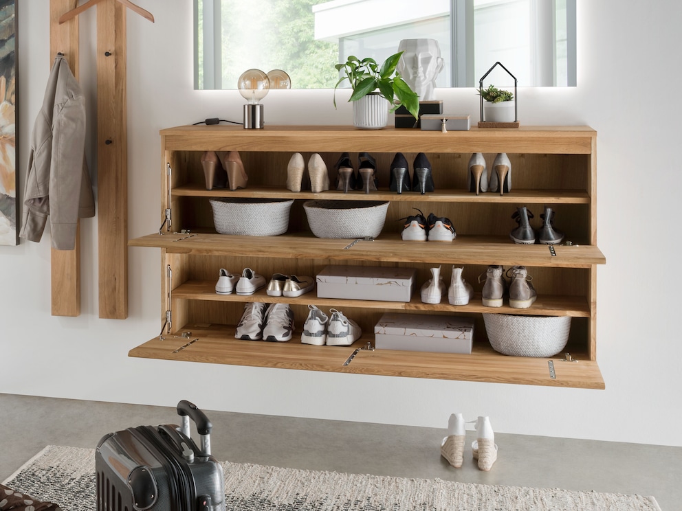 Sur la photo, l'intérieur de l'armoire à chaussures suspendue - avec des étagères supplémentaires, il peut être divisé encore plus petit.