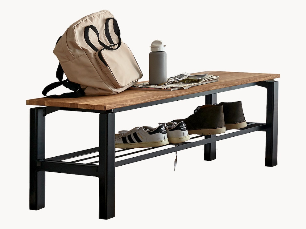 Moderne Vestido garderobebank, hier in wild eiken met schoenenrek