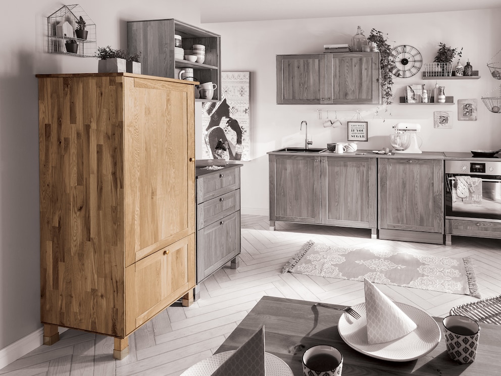 Module de réfrigérateur « Mediterano » avec façade à cassettes attrayante en chêne rustique avec grand tiroir