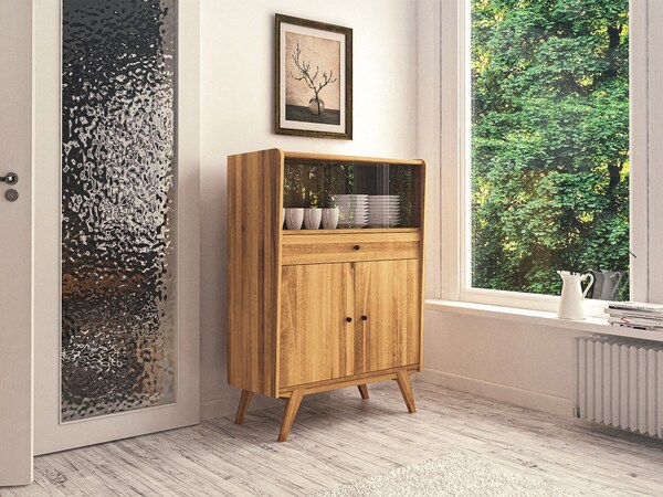 Lasala highboard met veel retro charme, hier variant 01 in wild eiken
