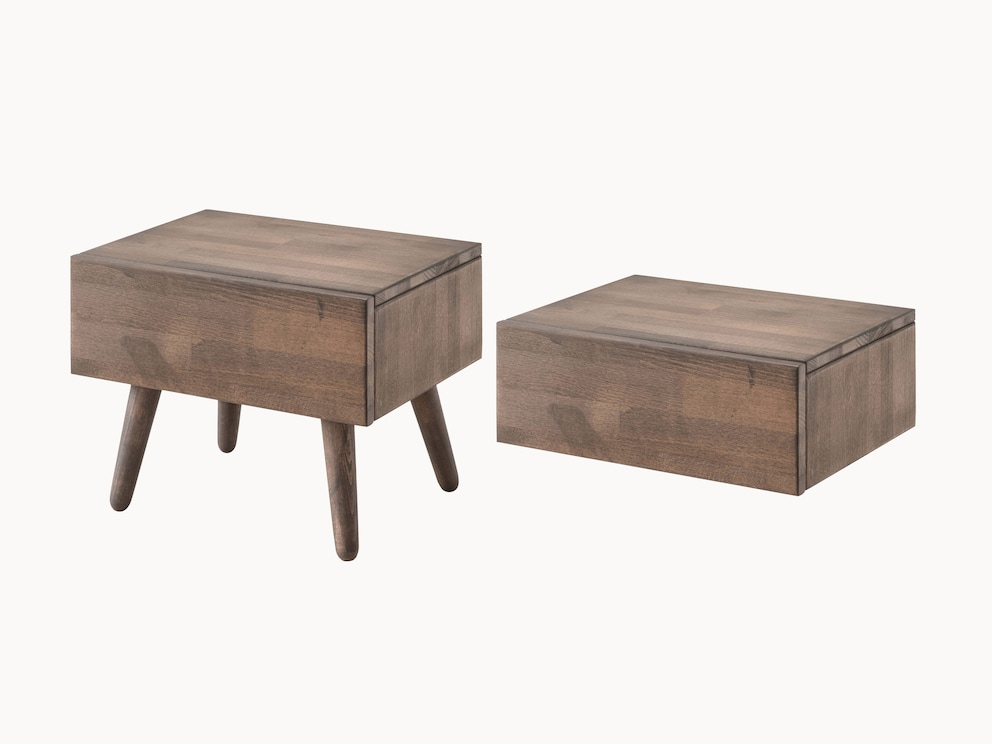 Variante 01 de la table de nuit en hêtre moka, avec pieds ou pouvant être montée comme table de nuit suspendue