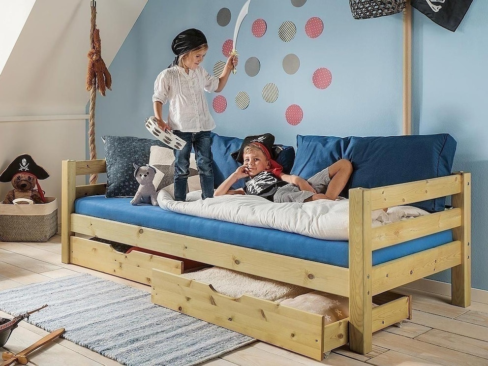 Kiddy-jeugdbed, variant 02 in geloogd/geolied grenen met extra lades