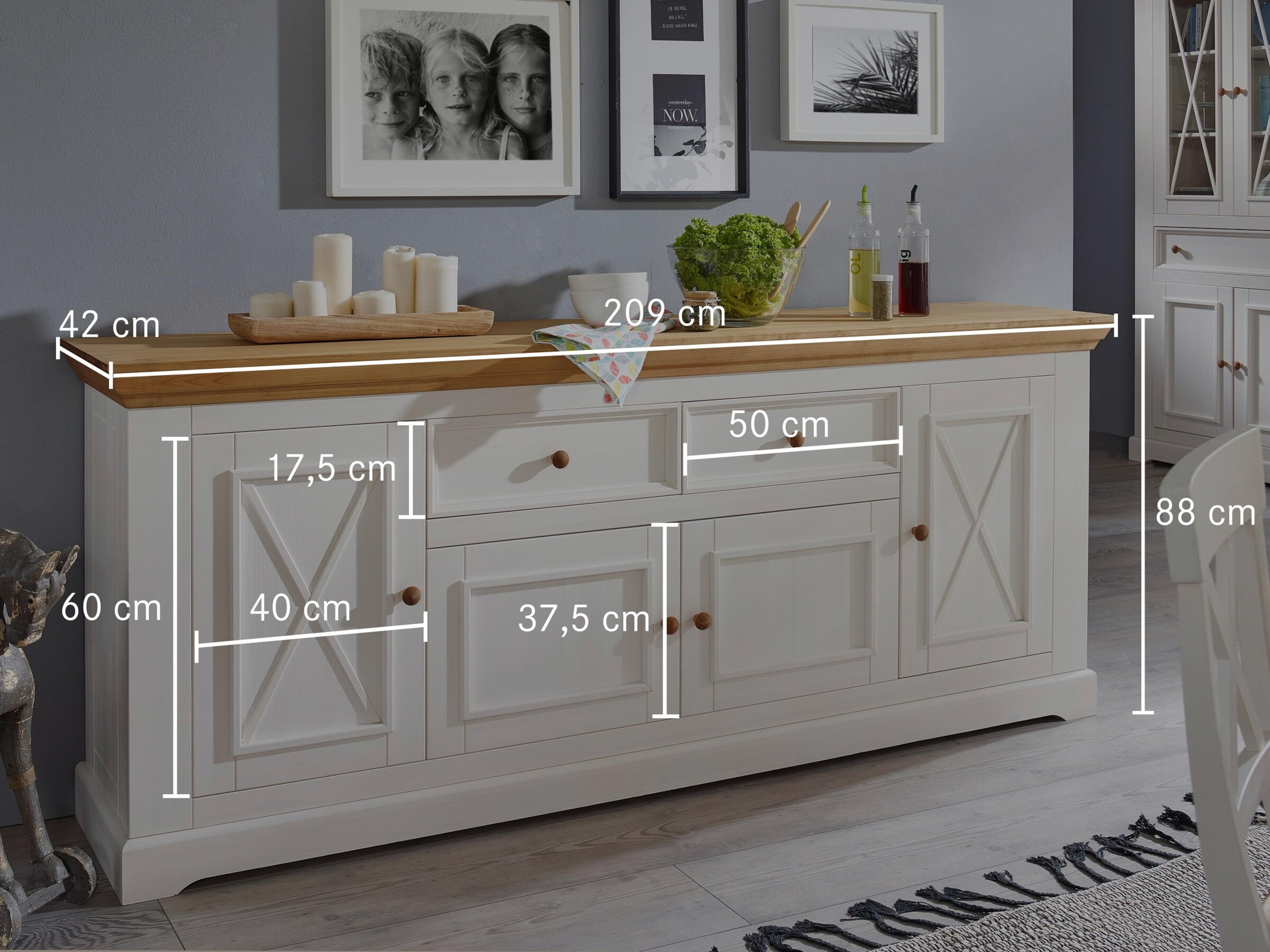 Sideboard Molina Landhausstil aus massivem Kiefernholz | Weiß gewachst