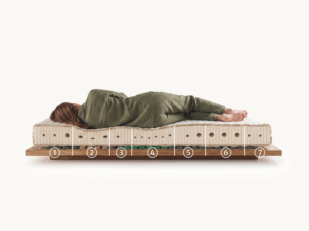 7 zones pour un couchage adapté au corps : (1) Zone pour la tête et le cou, (2) zone pour les épaules (3) zone pour les vertèbres lombaires, (4) zone pour le bassin, (5) zone pour les cuisses, (6) zone pour les mollets, (7) zone pour les pieds