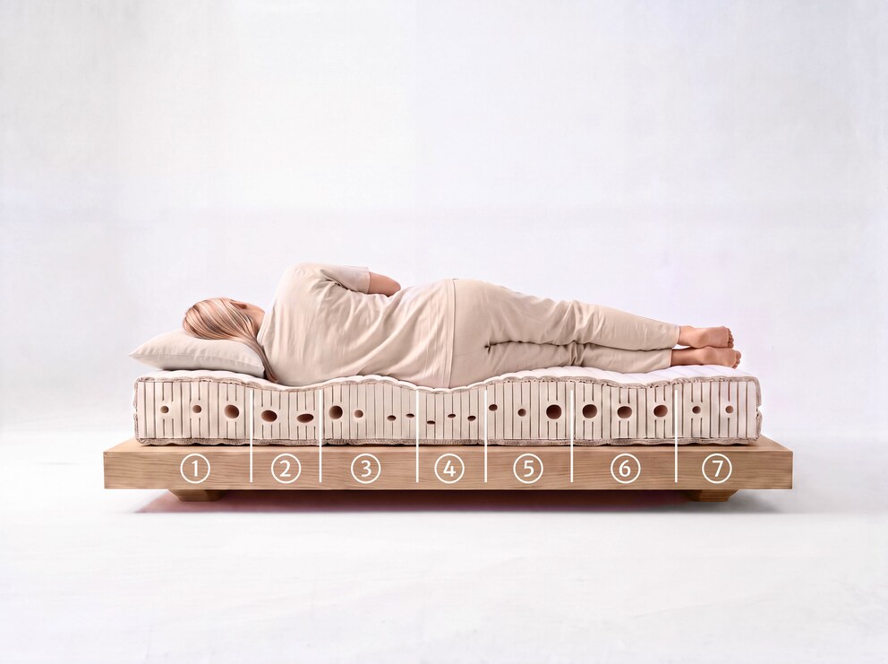 7 zones pour un couchage adapté au corps : (1) Zone pour la tête et le cou, (2) zone pour les épaules (3) zone pour les vertèbres lombaires, (4) zone pour le bassin, (5) zone pour les cuisses, (6) zone pour les mollets, (7) zone pour les pieds