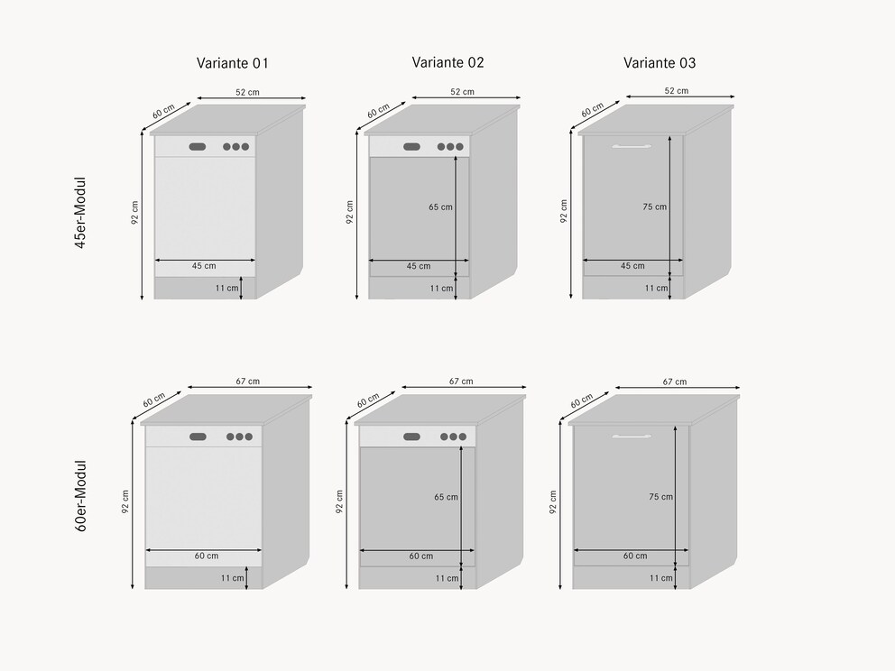 Aperçu des variantes avec les dimensions exactes