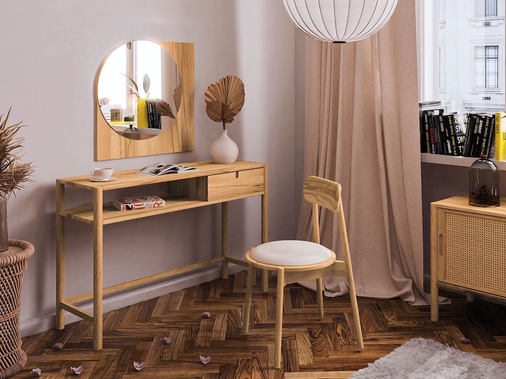 Das runde Spiegelglas ist bei Breite 65 cm links am Holz angesetzt