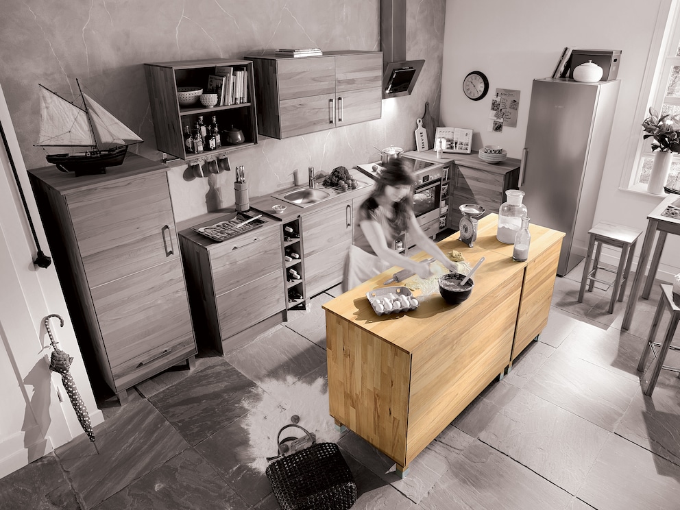 Combinatievoorbeeld voor Culinara massief houten modulaire keuken, hier met kookeilanden in 2 breedtes