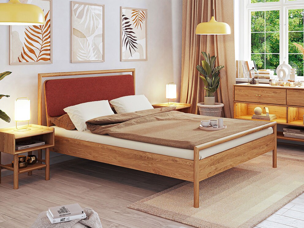 Massief houten bed Serea – elegant design in wilde eik met mid-century charme (hoofdbord mauve)