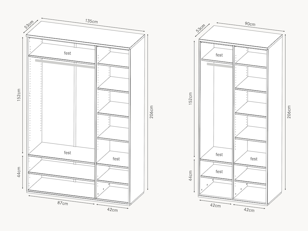 Schematische voorstelling van de binnenindeling van het kabinet, inclusief afmetingen