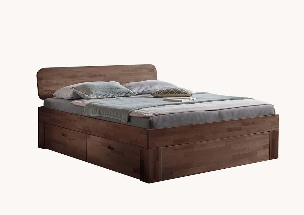 Das Bett in Buche Mokka mit abgerundetem Kopfteil