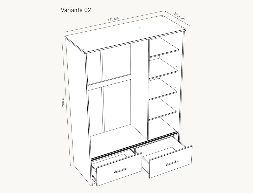 Grafische voorstelling van de binnenindeling van de kast - Variant 02
