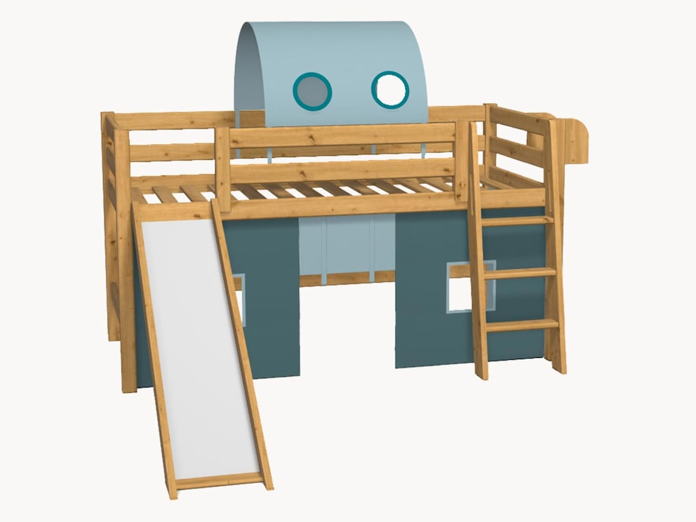 Mini hoogslaper met trap, glijbaan, smalle hangende plank, speeltunnel en speelgordijnen