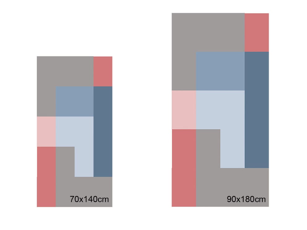 La répartition des couleurs varie légèrement selon la taille du tapis - ici, les dimensions sont 70x140 cm et 90x180 cm