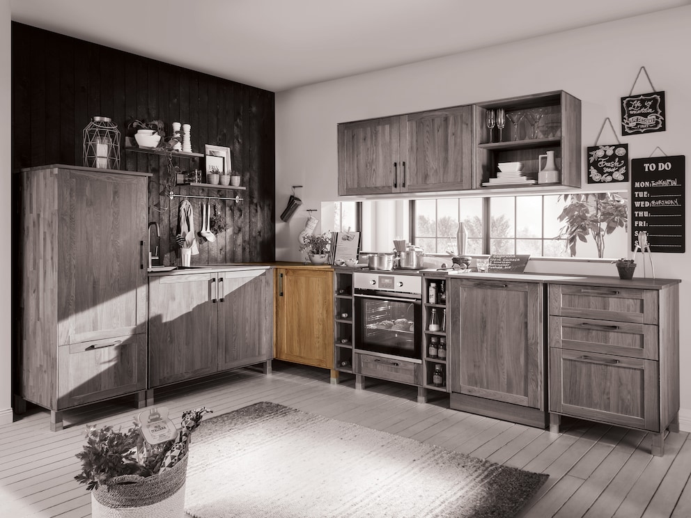 Élément bas d'angle « Mediterano » en cœur de hêtre vif et façade attrayante à l'aspect cassette très tendance