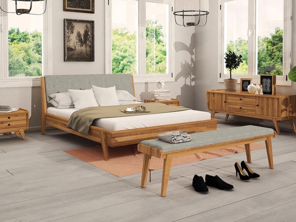 Lit en bois massif « Lasala » charmant au look rétro en hêtre avec tête de lit rembourrée gris foncé