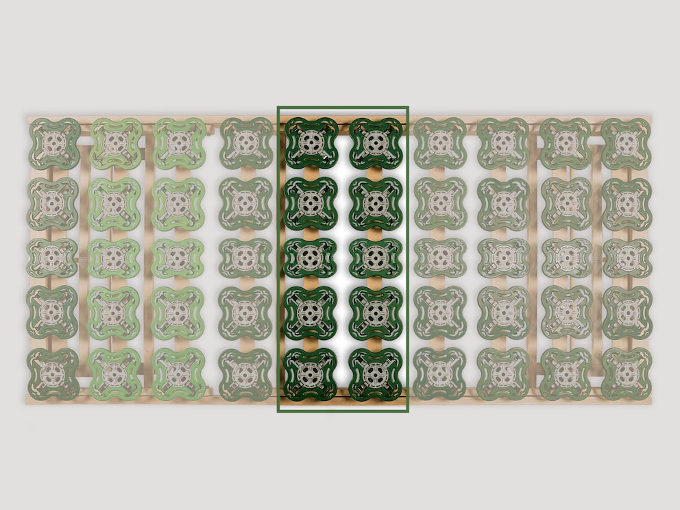 Possibilité de réglage : <strong>renforcement de la zone médiane</strong>/pont pour dormir sur le ventre - il suffit de régler plus fermement les assiettes marquées