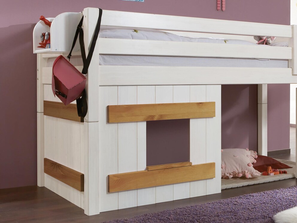 Habillage en bois Kiddy en pin, lasuré blanc avec lattes transversales décoratives en finition lessivée/huilée