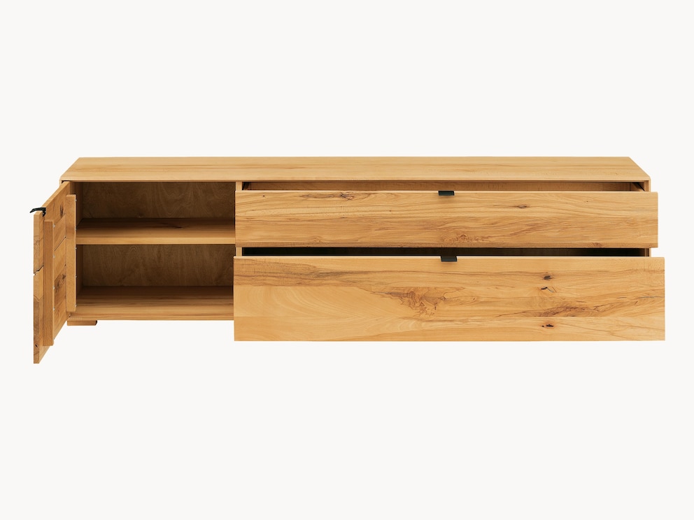 Variante 02 des Lowboards mit Schrankfach und 1 Einlegeboden sowie 1 flache und 1 tiefe Schublade
