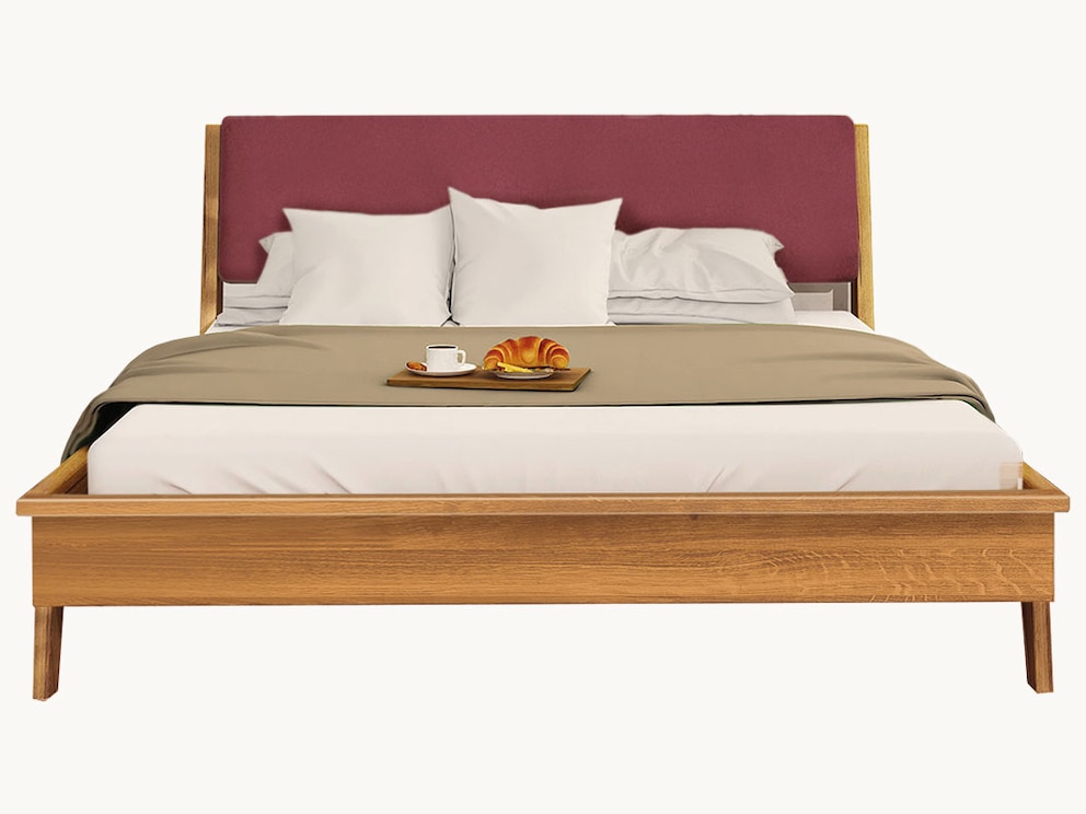 Massief houten bed Lasala charmante retro-look gemaakt van beukenhout met donkergrijs gestoffeerd hoofdbord