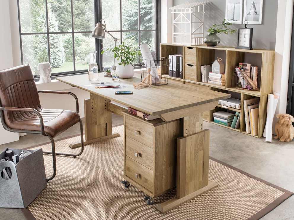 Bureau « Sirius » en chêne combiné avec caisson à roulettes assorti