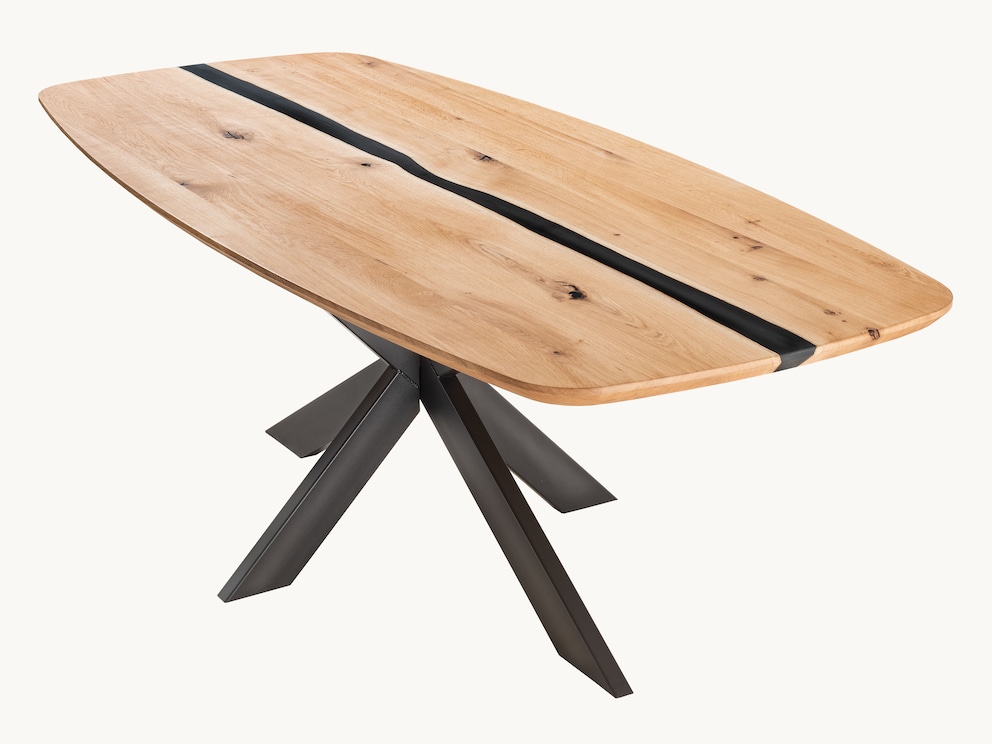 Eettafel “Aresina ovalis”, ovaal tafelblad, Zwitserse rand, spinnen onderstel