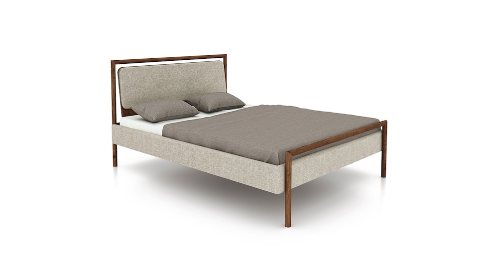 Gestoffeerd bed Serena - frame-elementen van wildeiken mokka, tijk beige