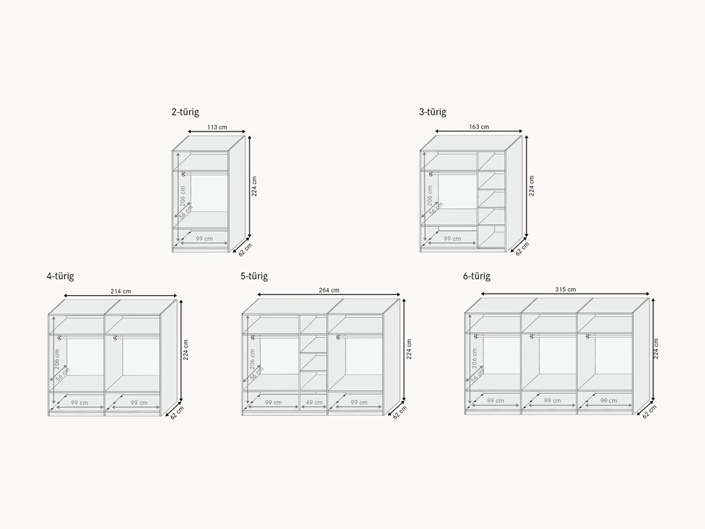 Schematische voorstelling van de binnenindeling van het kabinet, inclusief afmetingen