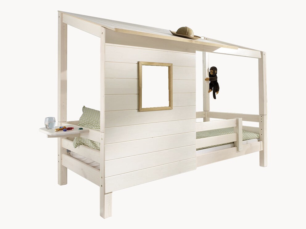 Kiddy minihoogslaper met huisbevestiging in wit/lila. Zorgvuldig vakmanschap en kindvriendelijk ontwerp