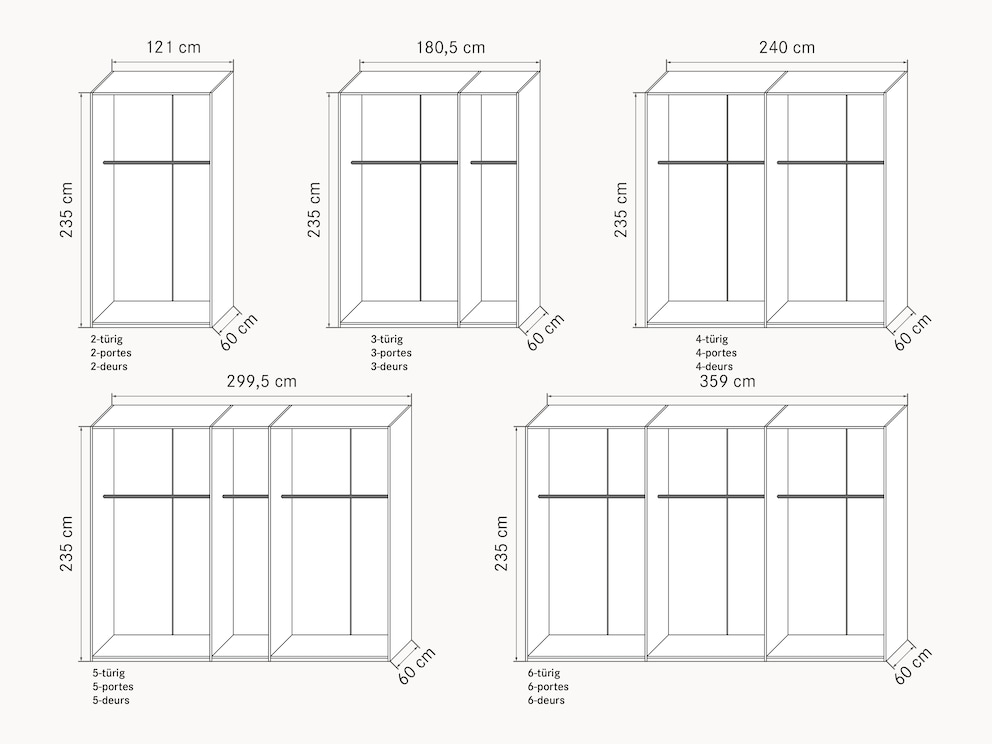 60 cm raster met hoogte 235 cm - schematische, gedimensioneerde weergave van de kastvarianten