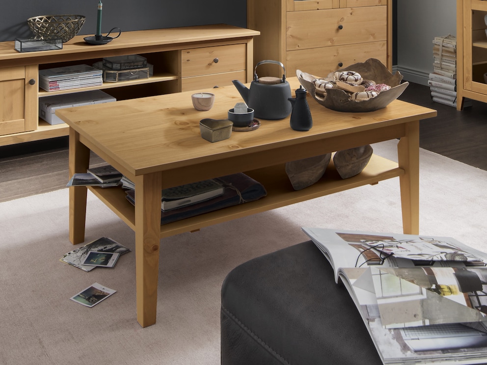 Table basse moderne « Tusa » en pin massif avec grand plateau de rangement