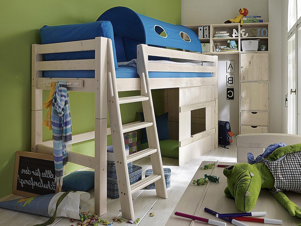 Habillage en bois assorti au lit central surélevé Kiddy en blanc/blanc Travail artisanal soigné et design adapté aux enfants