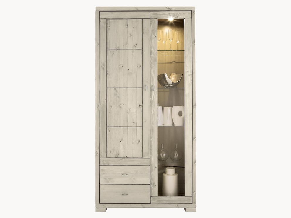 Vitrine Mascella schmal – links mit Glastür, rechts mit Holztür, Kiefer massiv gelaugt/geölt