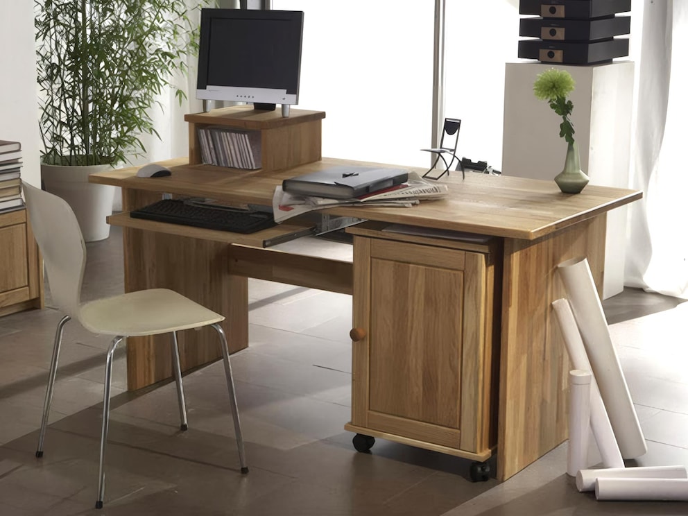 Bureau 02 en chêne sauvage avec clavier coulissant, élément supérieur 01 et caisson à roulettes 01