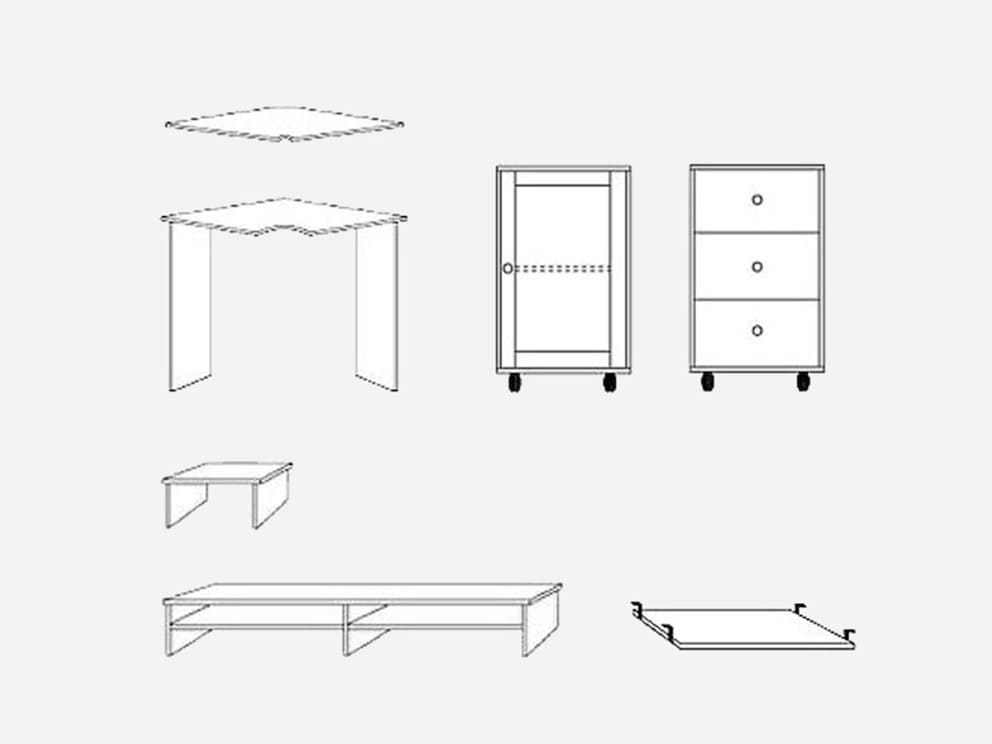De g. à d. : plateau & table d'angle, caisson à roulettes 01 & 02, rehausse 01 & 02 et tiroir à clavier