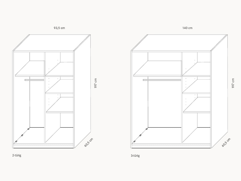 Weergave van de afmetingen van de kastvarianten