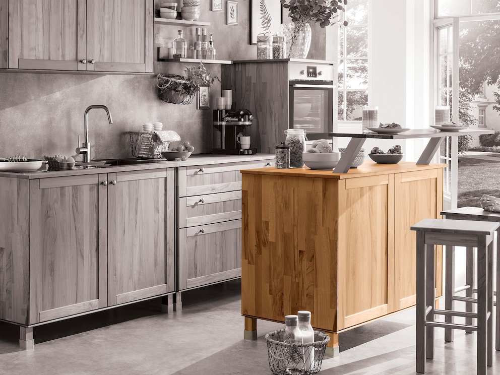 Ilot de cuisine pratique en cœur de hêtre, ici variante 01 avec façade à l'aspect cassette très tendance