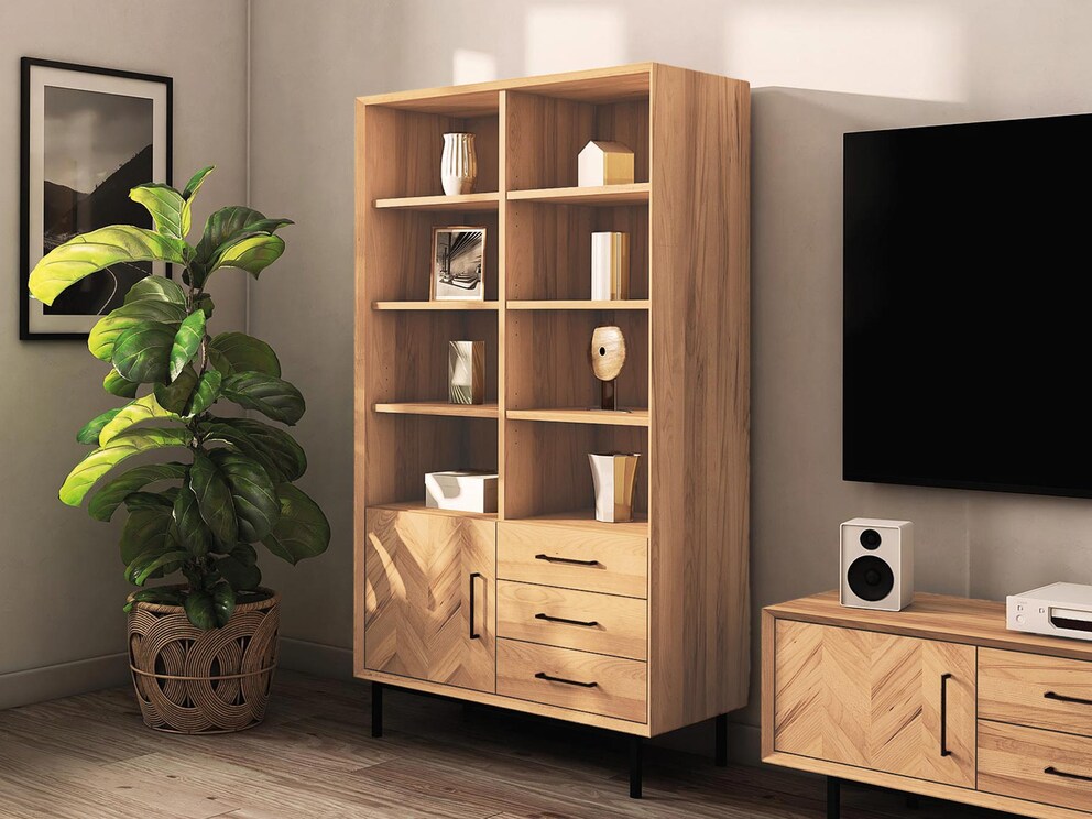 Highboard Parquetta im modernen Industrial Design, hier Variante 02 in Kernbuche